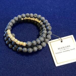 NWT India black lava and brass beaded spiral protection spiritual bracelet